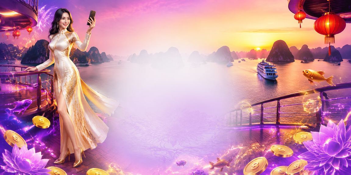 Người dùng truy cập casino trực tuyến trên điện thoại với khung cảnh vịnh Hạ Long về đêm